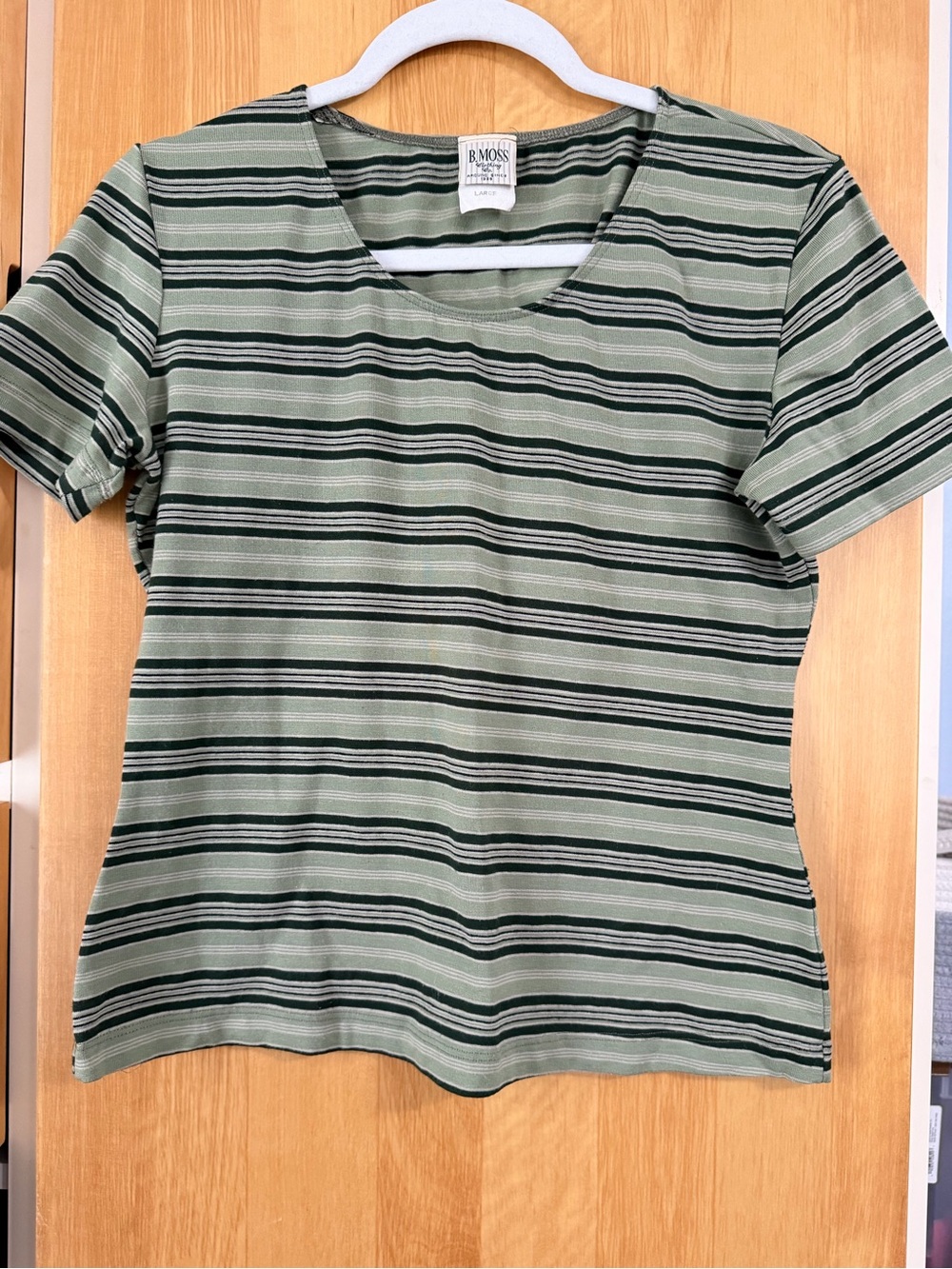 Vintage 90s Y2K B. Moss green striped shirt women’s size large stretch